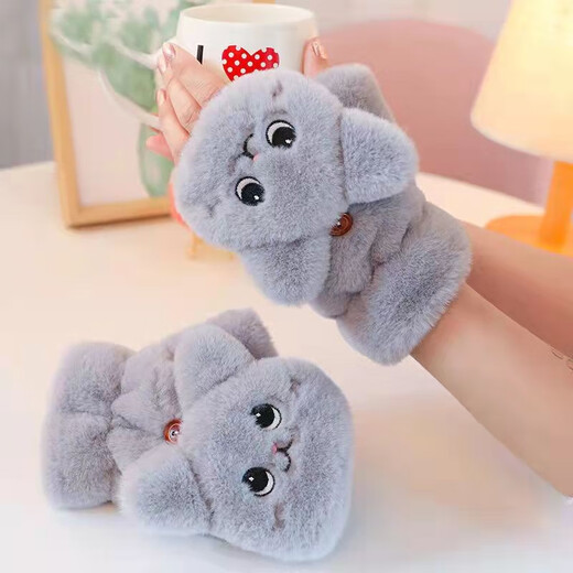 Changyin winter cartoon Korean style gloves for female students cute plus velvet thickened flip-up cycling cold-proof and warm plush gloves white