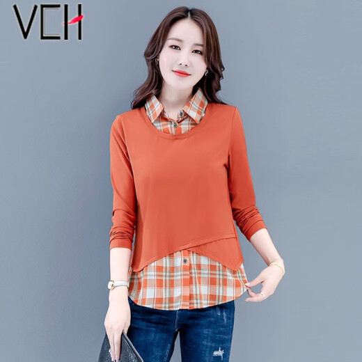 VCH long-sleeved T-shirt women's 2021 spring new fashion trend fake two-piece top loose Korean style casual foreign style small fresh women's shirt 800 orange M