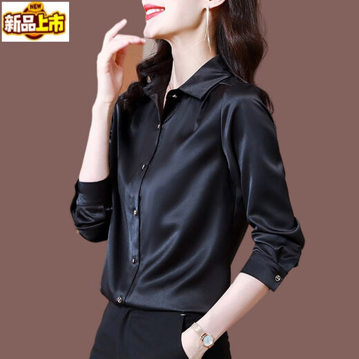 Sorrynam black mulberry silk shirt women's high-end European fashion fashion acetate satin shirt black M 95-105Jin Jin equals 0.5 kg