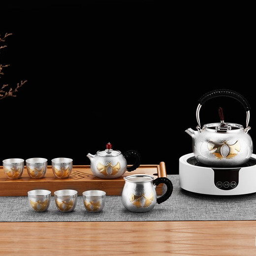 
Lanting Ziyuan Silver Pot Sterling Silver Handmade S999 Tea Set Set Complete Set of Boiling Kettle Tea Pots Fair Cups Kung Fu Tea Set Tea Ceremony High-end Gift Box 9-piece Set 1396g Sterling Silver 999+ Test Certificate