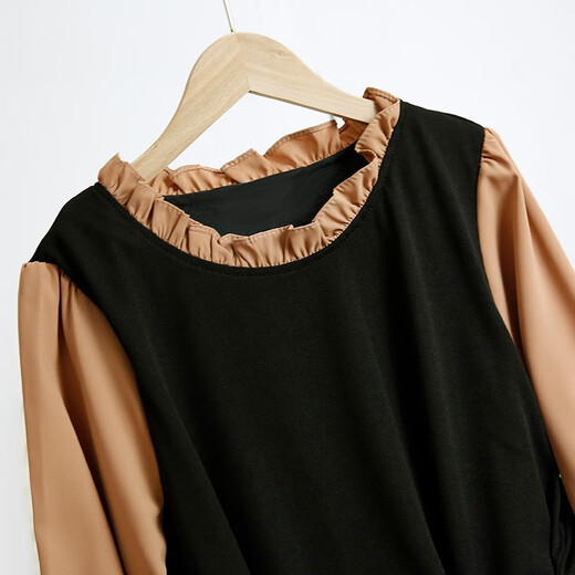 Shanidoluo large size women's clothing fat sister spring and autumn style slimming medium length fake two-piece fat mm belly-covering chiffon dress 16788 khaki 2XL recommended 120-140Jin [Jin equals 0.5 kg] to wear