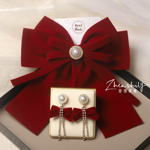 Aimophie Old Phoenix Gold Store Velvet Bow Headdress Bridal Earring Set Women's Wedding Engagement Hair Accessories Simple and Atmospheric 2-Bow Hairpin + 1 Ear Patch