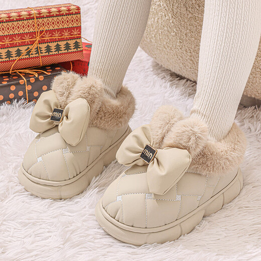 Children's cotton slippers for girls in winter with heel to keep warm indoor and home non-slip cotton boots for middle-aged and older children for girls to wear khaki size 34-35 (suitable for feet 21cm long)