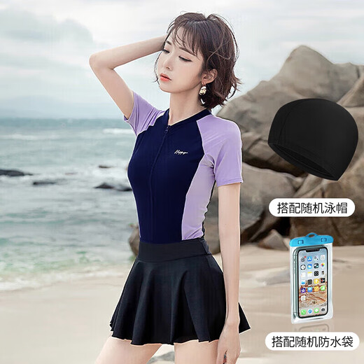 梵迪拉（F.DYRAA）泳衣女泡温泉显瘦游泳馆速干连体泳装可拆卸裙四件套12128黑色XL