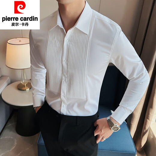 Camisa de boda del novio de Pierre Cardin camisa de vestir de moda de altura larga para hombres Banquete de boda de hombres delgados