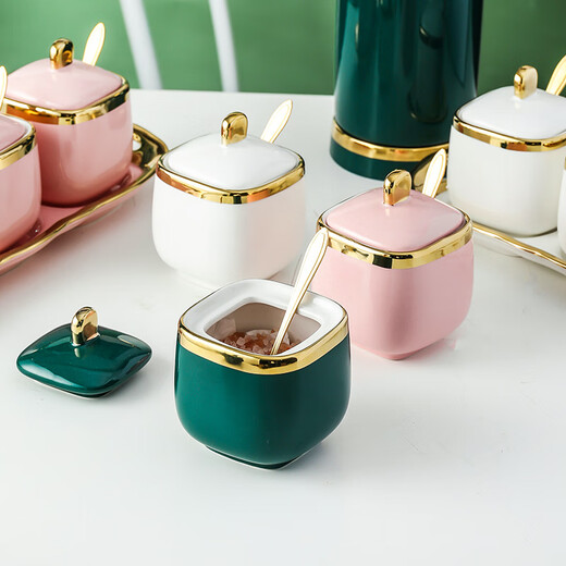 Mccarren single Nordic simple light luxury seasoning jar ceramic seasoning box seasoning bottle salt MSG jar kitchen household with lid square jar + emerald with 1 gold spoon + 1 ceramic spoon