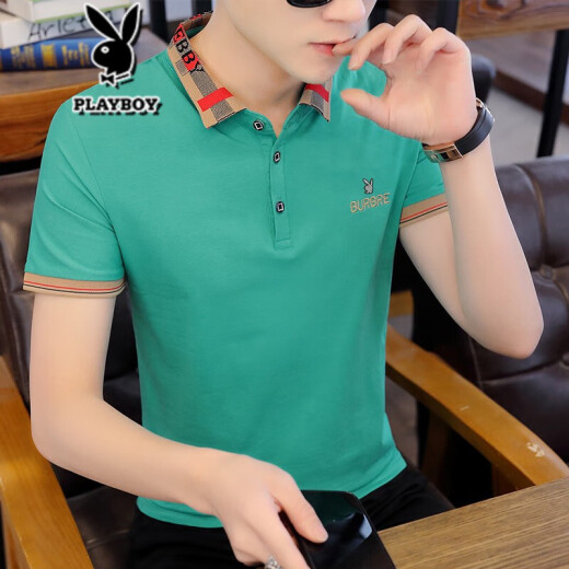 Playboy short-sleeved T-shirt men's trendy Korean T-shirt men's ins2020 summer half-sleeved shirt collar POLO shirt large size new youth wear trendy brand tops YH8915 green XL (about 120-135Jin [Jin equals 0.5 kg])