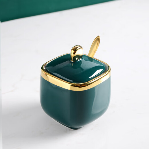 Mccarren single Nordic simple light luxury seasoning jar ceramic seasoning box seasoning bottle salt MSG jar kitchen household with lid square jar + emerald with 1 gold spoon + 1 ceramic spoon
