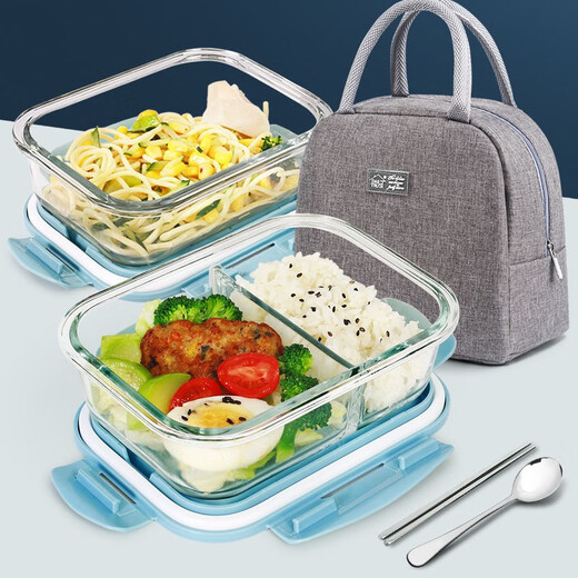 Demas hitzebeständiges Glas Frischwahrnehmungsbox Mikrowellen-Lunchkinokintenfachmann Bento Box Nordic Blue Partition 680+ 700+ Taschen+ Tabelle Geschirr
