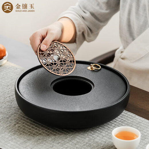 Gold inlaid jade tea tray round water storage household Kung Fu tea set dry tea ceremony tray ceramic double round tea tray 25*5cm