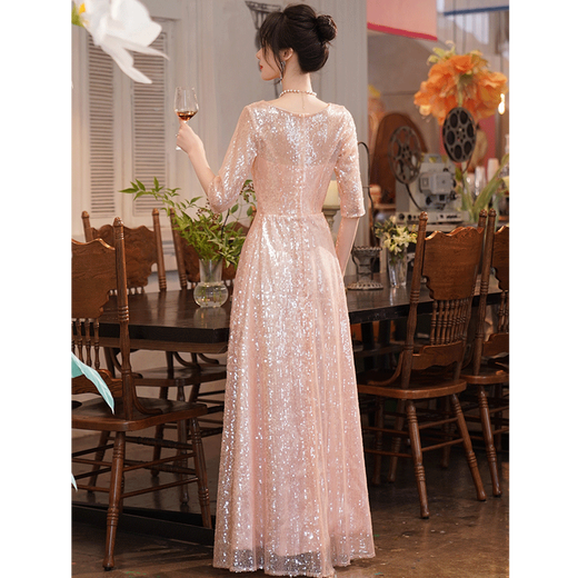 Seidler high-end evening dress 2024 new slim temperament sequin host performance banquet annual meeting nude pink L (recommended 106-115 Jin [Jin equals 0.5 kg])