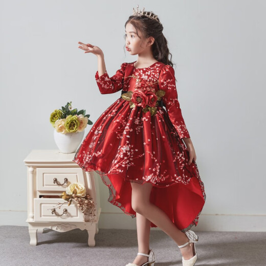 Girls dress princess dress tutu skirt piano performance dress trailing flower girl bridesmaid dress flower girl wedding dress T stage catwalk dress Mu Zhi red long sleeve 140