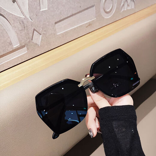 Mijilin 2022 New Large Frame Black Super Women's Glasses Fashion Sunglasses Men's Korean Polygon Sunglasses Women's Driving Shade Polarized Mirrors Women's Bright Black Mirror Box + Cloth
