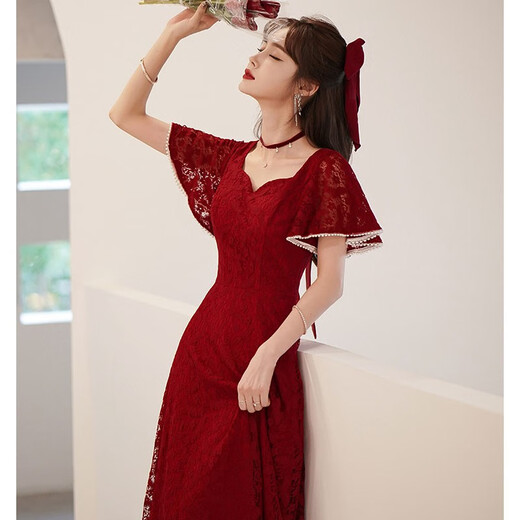 兰卡·罗妮兰卡罗妮敬酒服新娘平时可穿结婚订婚连衣裙回门小晚礼服蕾丝 酒红色中长款 XL