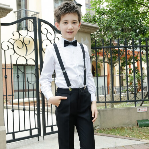 Feathered Duck Children's Dress Primary School Host Flower Girl Overalls Suit Boy Piano Cantata Performance Clothing Black Style 1 (shirt + trousers + suspenders + bow tie) size 130 (recommended height 117-126cm)