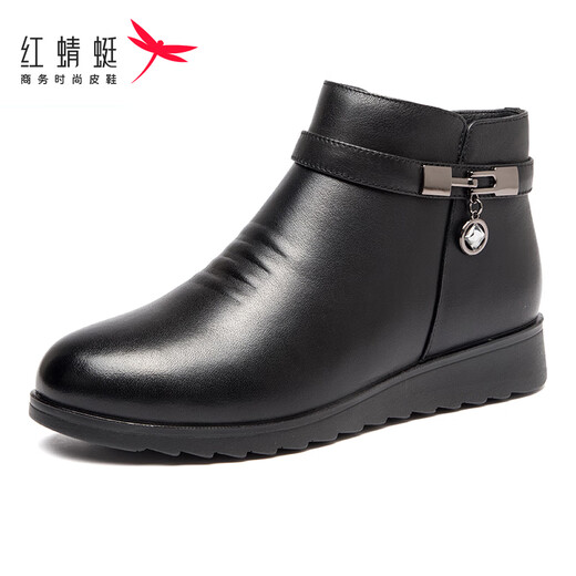 红蜻蜓女鞋冬款真皮妈妈棉鞋女士羊毛加绒中老年短靴女防滑保暖棉皮鞋女 黑色WTC9276 39