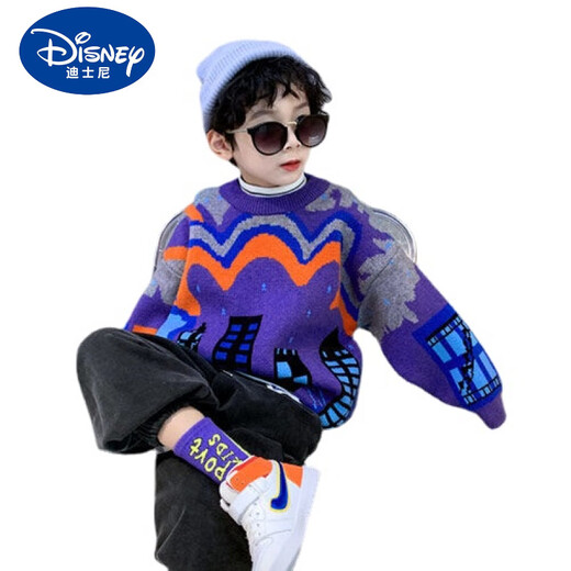 迪士尼（Disney）儿童毛衣套头秋冬男童2024新款中大童韩版潮洋气针织衫男宝宝上衣 紫色 加绒加厚 120码建议身高110-120cm5-6岁