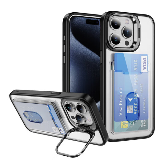 睿思派 适用苹果16Pro手机壳iPhone16/15/14卡包镜头全包防摔带隔层卡包放卡槽插卡片门禁卡男女纯色简约 绅士黑-镜头支架-卡套一体 iPhone 15 Pro Max