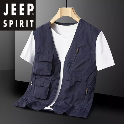 JEEP SPIRIT[无领]夏季男士马甲休闲多口袋轻薄款背心速干工装钓鱼背心坎肩装 灰色 XL 135-155斤
