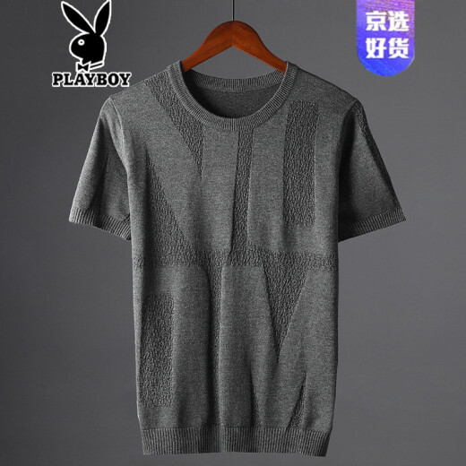 Playboy flagship official store plus fat enlarged round neck half-sleeved sweater men's thin trendy personality short-sleeved sweater men's Korean version short T sweater bottoming shirt dark gray L