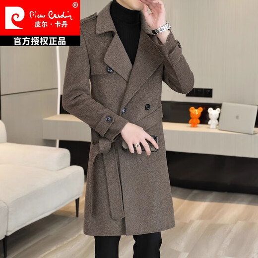 皮尔卡丹（pierre cardin）毛呢大衣男中长款帅气腰带修身羊绒呢子外套羊毛双面呢子风衣针织 咖啡色 170/M【建议90-110斤】