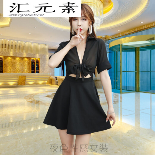 Sexy nightclub bar women's new sexy low-cut shirt dress Korean style nightclub women's clothing nightclub bar club foot bath technician lady overalls black L