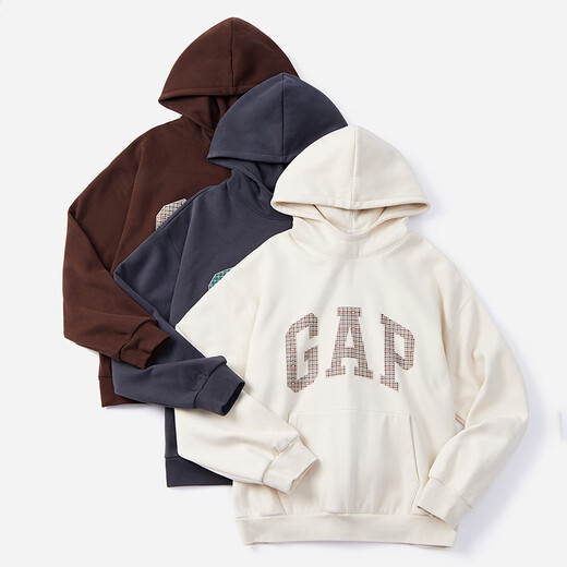 GAP men's and women's carbon soft-rubbed fleece plaid logo hooded sweatshirt top 609221 brown 170/92A (M) Asian size