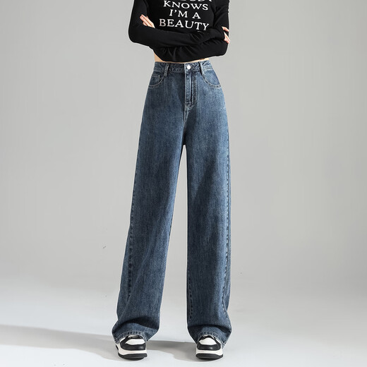 TonLion 2024 women's jeans dark denim plus velvet straight pants dark denim blue 29