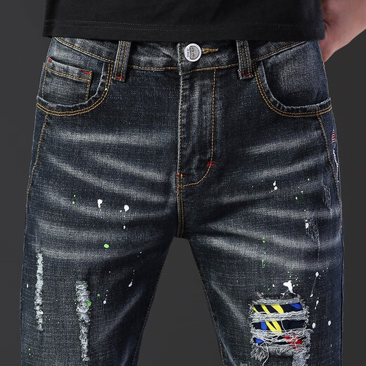 Modemarke Ripped Jeans Herren Elastic Patch Patch Stoff kleine Füße Hosen koreanische Stil Slim Jeans bemalt