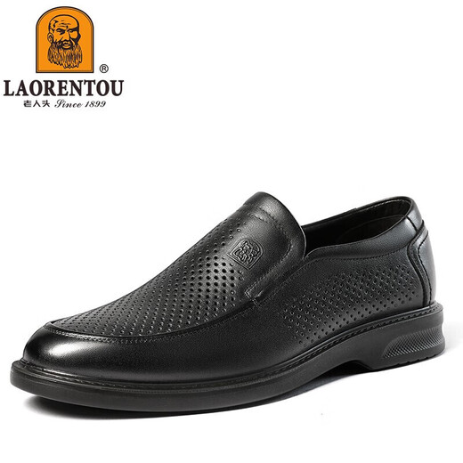 老人头（LAORENTOU）男皮鞋夏季镂空休闲鞋头层牛皮套脚鞋透气打孔鞋 LL12027 黑 43 