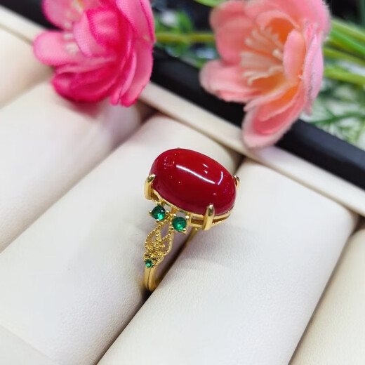 Sanskrit-made natural coral cabochon, simple and versatile ring, sterling silver inlaid with live mouth design, coral ring 99642