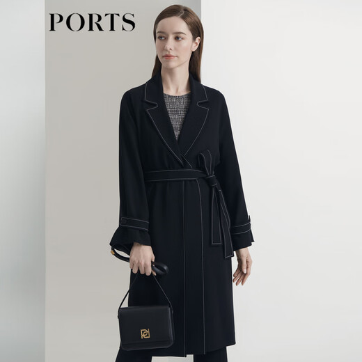 
PORTS Women's Clothing Autumn and Winter New Long Sleeve Medium Long Trench Coat LL9T022LWB006 Black M (6)