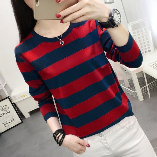 
Kexin 145150 short round neck long sleeve T-shirt for women plaid high-end color woven spring and autumn striped long T-shirt for women K829 ruby ​​blue_(color) L suggestion 106-120Jin[Jin equals 0.5 kg]