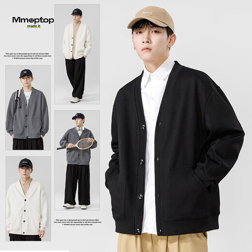 MMOPTOP Japanese solid color sweater long-sleeved men's autumn and winter retro loose V-neck cardigan MT2350 black 2XL