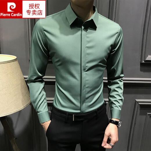 皮尔卡丹（pierre cardin）春夏男士衬衫长袖韩版商务暗扣衬衣潮高端修身高级正装免烫中青年 白色 XL