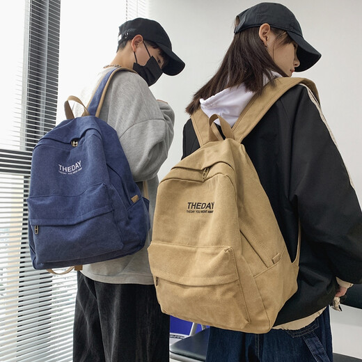 宾拓（BESSTOVV）书包男中学生高中大学生帆布双肩包男港风纯色简约大容量休闲背包 蓝色