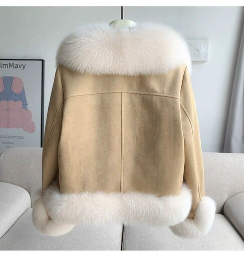 Pier Cardin temperament fur coat women's versatile slim down cotton jacket big fur collar imitation fur top 2025 winter beige L recommended 116-139Jin [Jin equals 0.5 kg]
