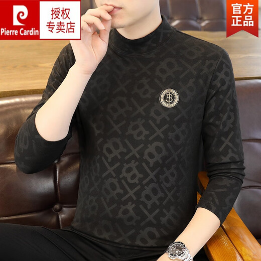 皮尔卡丹男士长袖德绒t恤2023新款潮流印花卫衣秋冬季中领修身打底针织 咖色 6630 M (90-105斤)