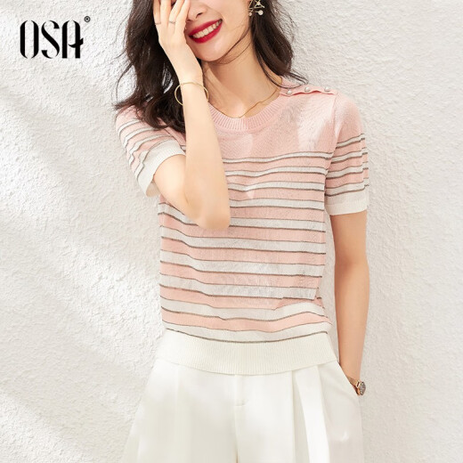 OSA Osha pink striped short-sleeved ice silk sweater for women summer 2020 new thin slim fit pullover top slimming light pink S