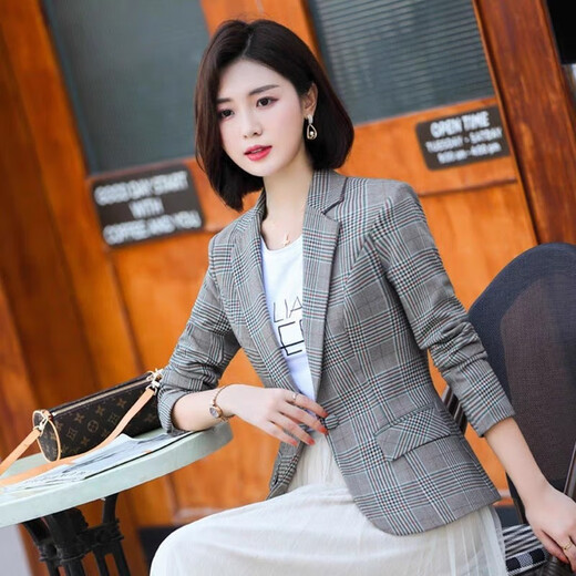 樱芭妮格子小西装外套女2025春秋新款修身显瘦小个子休闲小西服长袖上衣 8918杏格长袖 2XL （119-128斤）