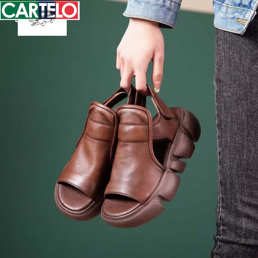 CARTELO leather sponge cake thick-soled retro handmade hollow sandals 2025 summer new wedge open-toed fish mouth Roman sandals dark brown 38