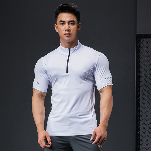 Lutie Dog Fitness Wear Short Sleeve Men's Stand Collar POLO Slim Fit Muscle Showing Quick Drying Breathable High Elastic Coaching Wear T-Shirt White L