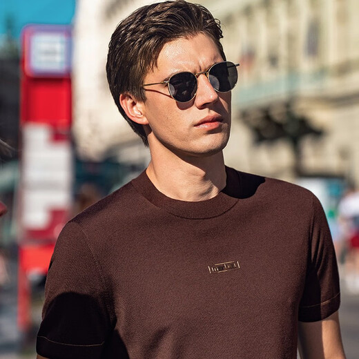 布先生MrBu圆领短袖羊毛t恤春秋新款字母logo男士内搭BT12188断码清仓 咖啡 XL (180)