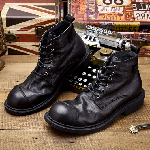 Lingbu Big Head Martin Boots Männer echte Leder Retro Männer Boots Männer Lederschuhe High Top Trendy Short Stiefel Japanische Patch Arbeiten Männer schwarz 40