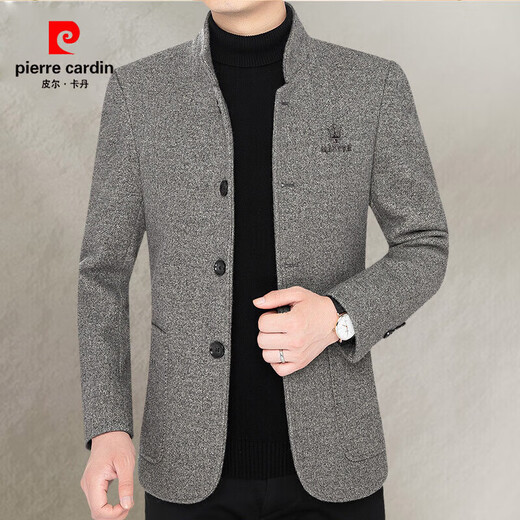 皮尔卡丹（pierre cardin）羊毛呢外套男秋冬季中年商务立领夹克男休闲潮流羊毛绒外套男爸爸 藏青 M (100-120斤)