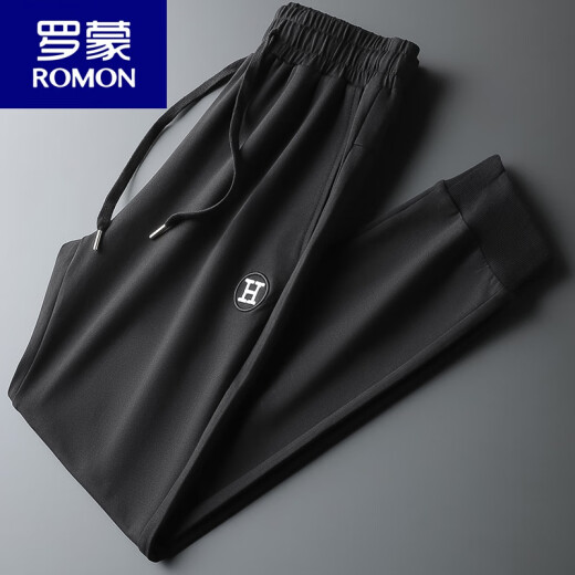 罗蒙（ROMON）运动裤男棉春秋薄款束脚休闲长裤小脚刺绣男士酒红色裤子男卫裤 黑色9928春秋薄款 2XL
