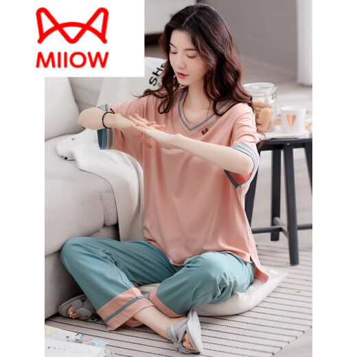 猫人（MiiOW）睡衣女夏纯棉薄款家居服两件套短袖长裤休闲套头居家服女夏套装棉 LM7374 M码[适合150-160身高80-105体重]