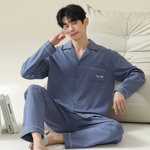 LangSha men's spring pure cotton cardigan long sleeves 2025 new loose large size can be worn outside home clothing set 16873 M L170-175C60-70KG