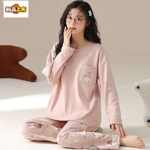 梦莲娅睡衣女春秋款长袖棉粉色卡通猫咪印花甜美学生家居服套装 o693a M 码(适合体重80-100斤)