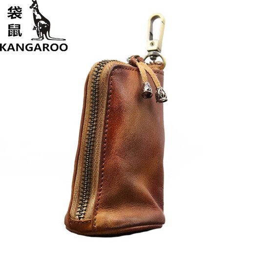 袋鼠（KANGAROO）精致新款头层牛皮复古做旧钥匙包男士大容量腰挂做旧牛皮钥匙包 黑色